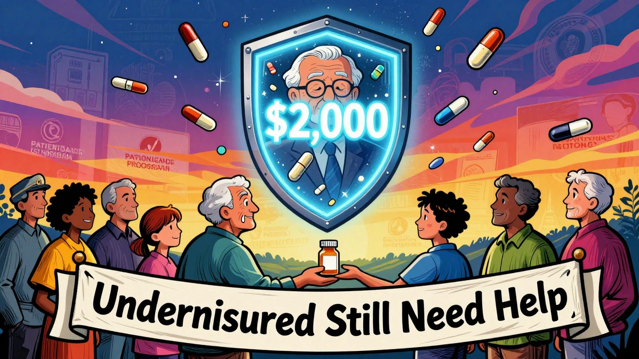 Senior protected by ,000 drug cap as PAP logos fade, family passes pill bottle under &#039;Underinsured Still Need Help&#039; banner.