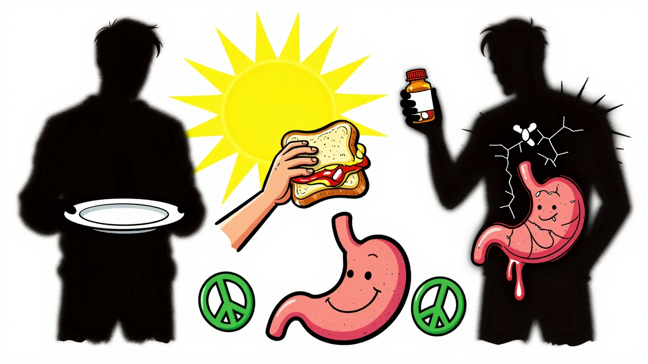 Someone eating a sandwich while taking ibuprofen, with a healthy stomach smiling, but a dark shadow of stomach damage looms nearby.