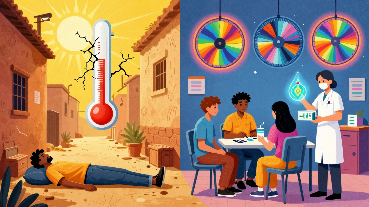 Split image: someone in danger under the sun vs. safe in a cool community center with care supplies.