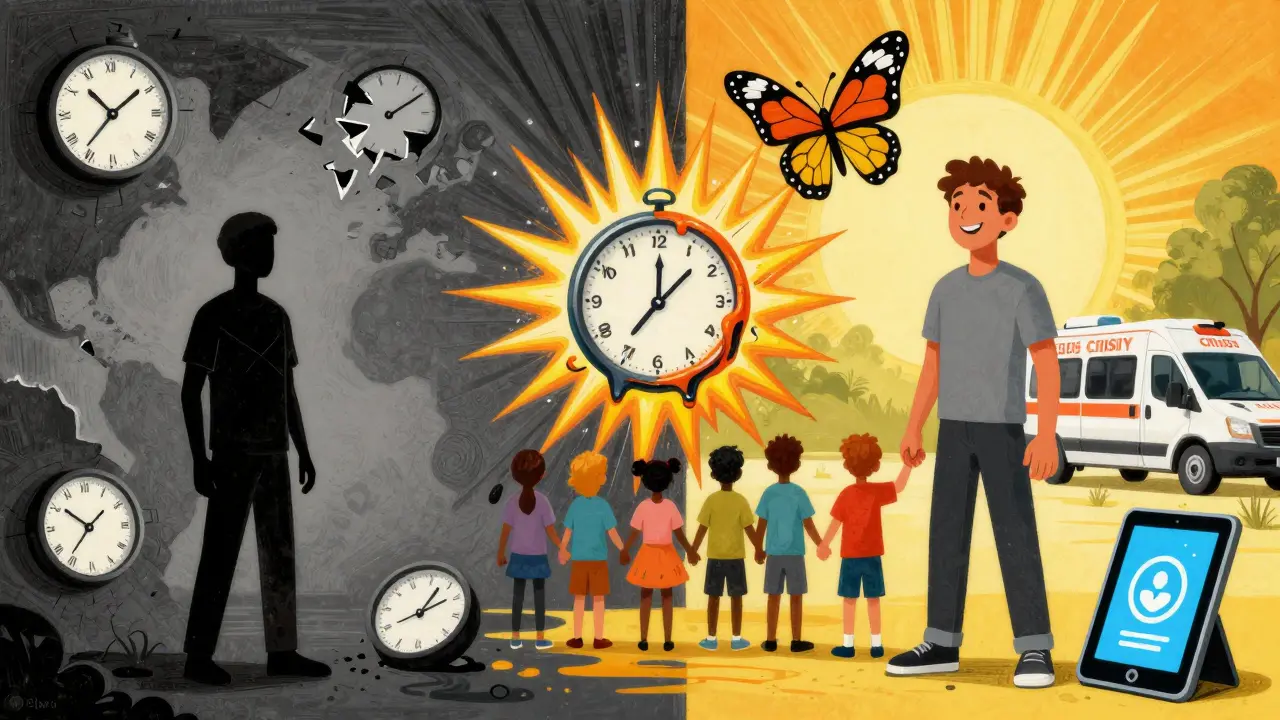 Split scene: dark isolation vs. vibrant recovery, with a melting clock turning into a butterfly symbolizing timely intervention.