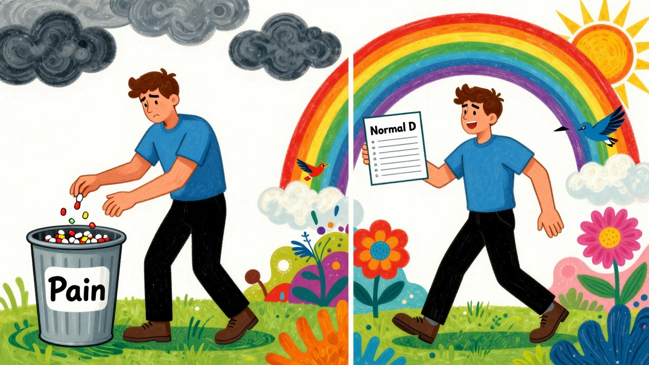 Split scene: left shows person discarding statins in pain, right shows them walking confidently with healthy blood results and friendly statin birds.