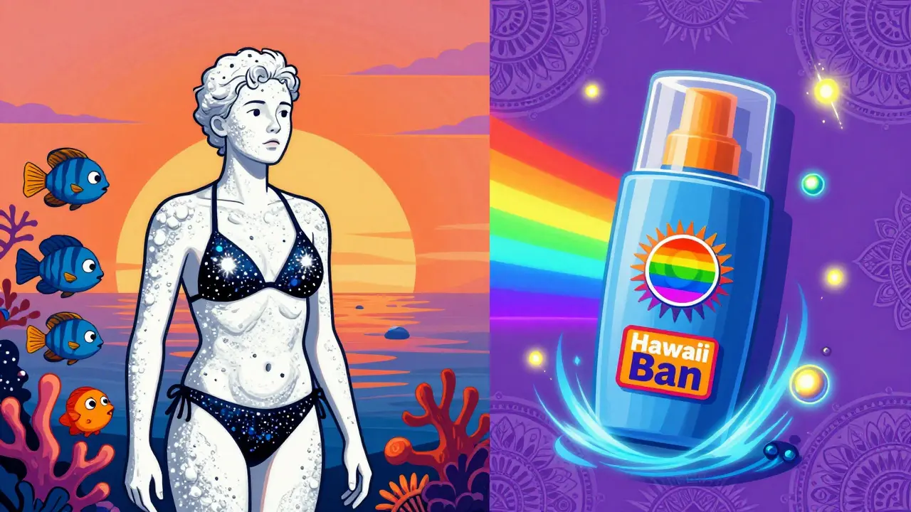 Split scene of mineral sunscreen harming coral versus chemical sunscreen absorbing UV rays, with swirling patterns and warning signs in vivid colors.
