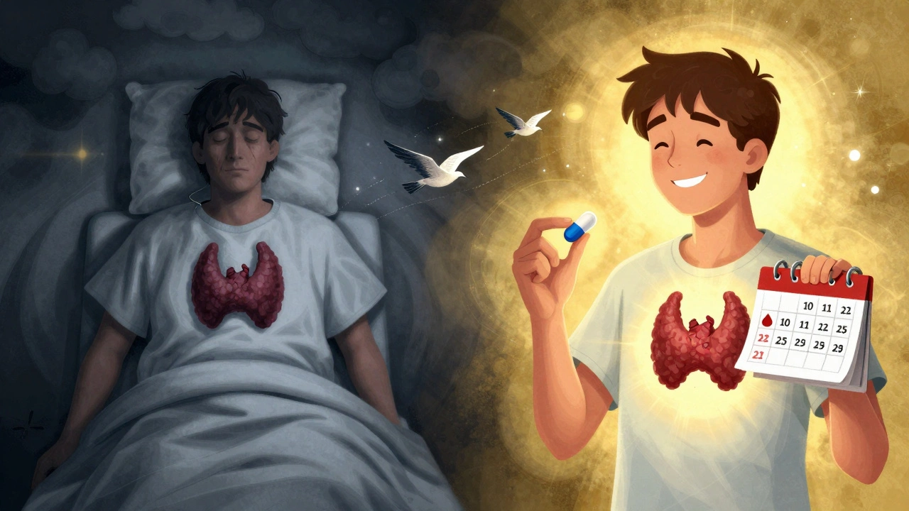 Split scene showing thyroid struggle versus balanced health with selenium and testing symbols.