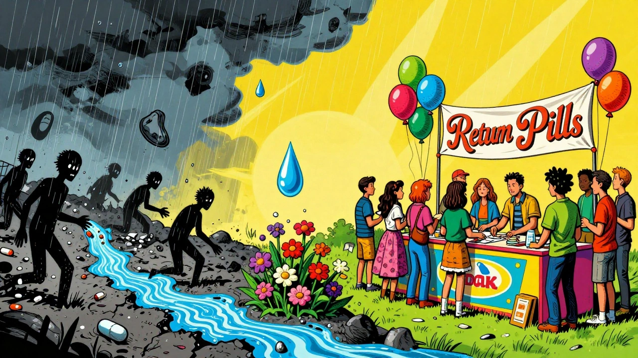 Split scene: toxic landfill vs. vibrant community medication return event.