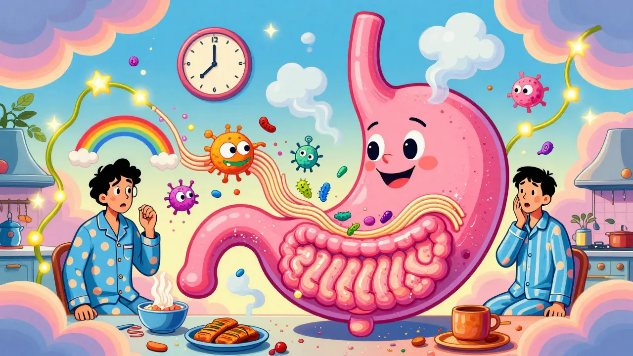A cartoon stomach filled with food and rainbow bacteria, representing digestive issues in autonomic neuropathy.