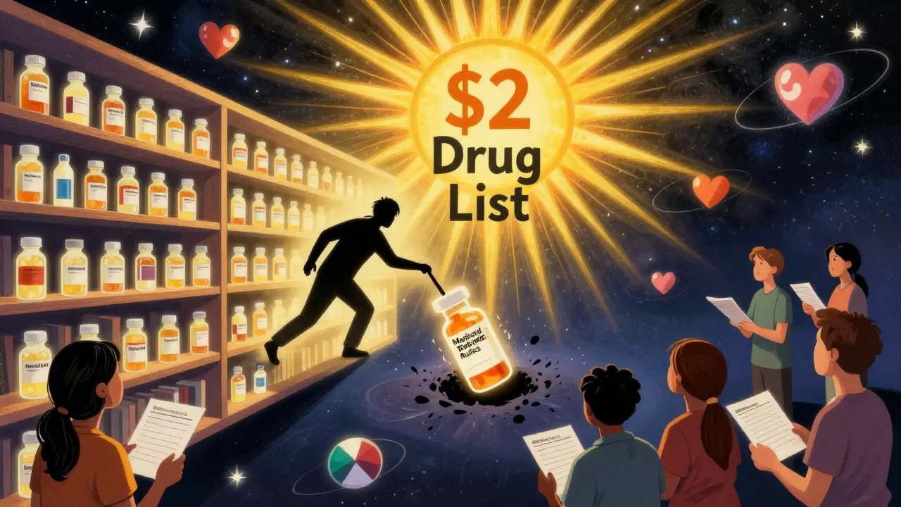 A cosmic medical library where generic drugs glow brightly, but one vanishes due to rebate rules, while a rising  Drug List sun brings hope.