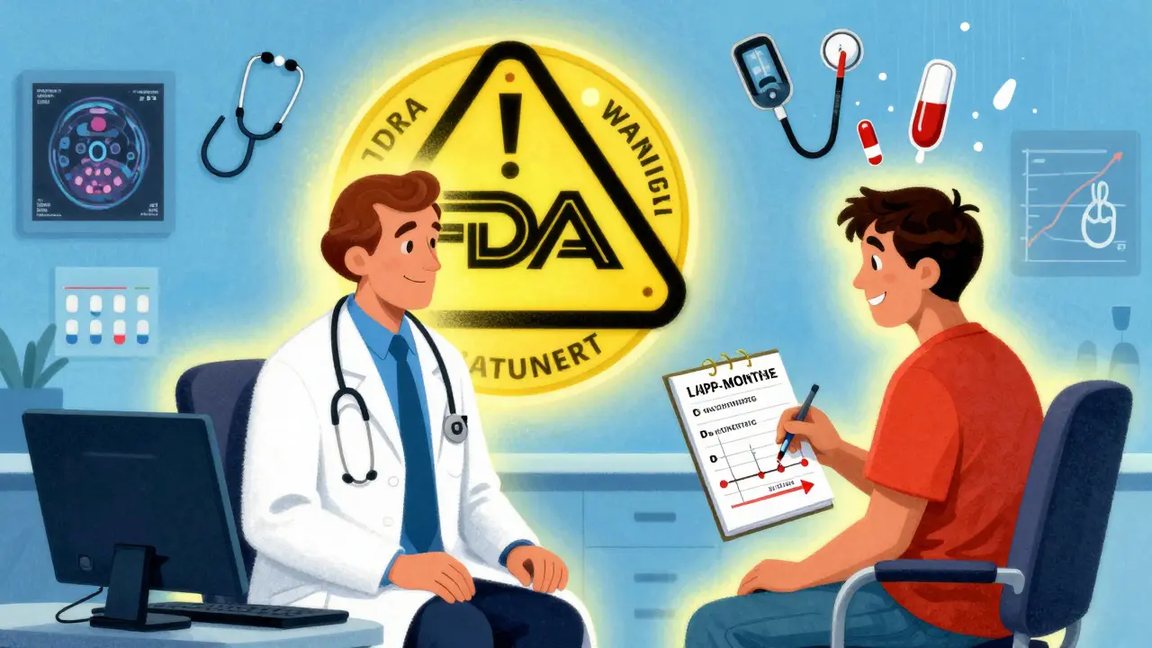 A doctor and patient in a vibrant room with an FDA warning seal and medical symbols dissolving into peace signs.