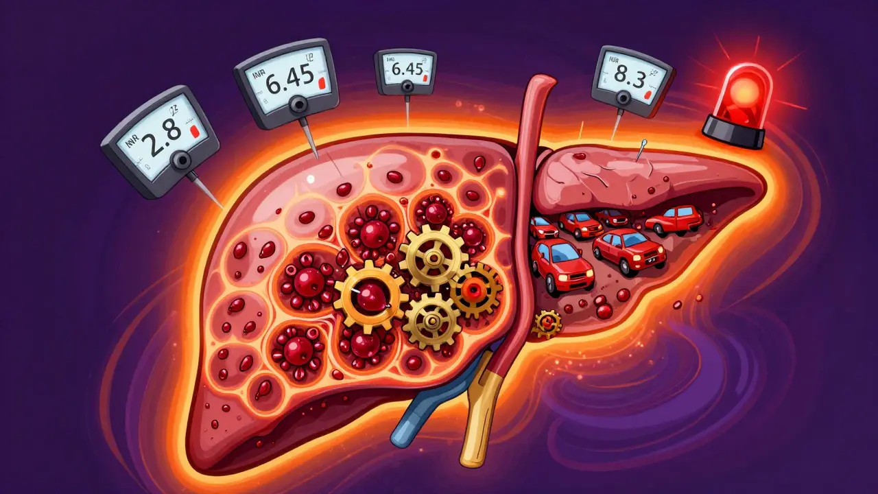A glowing liver with cranberry seeds blocking enzyme gears, warfarin molecules piling up, and spinning INR numbers in neon colors.