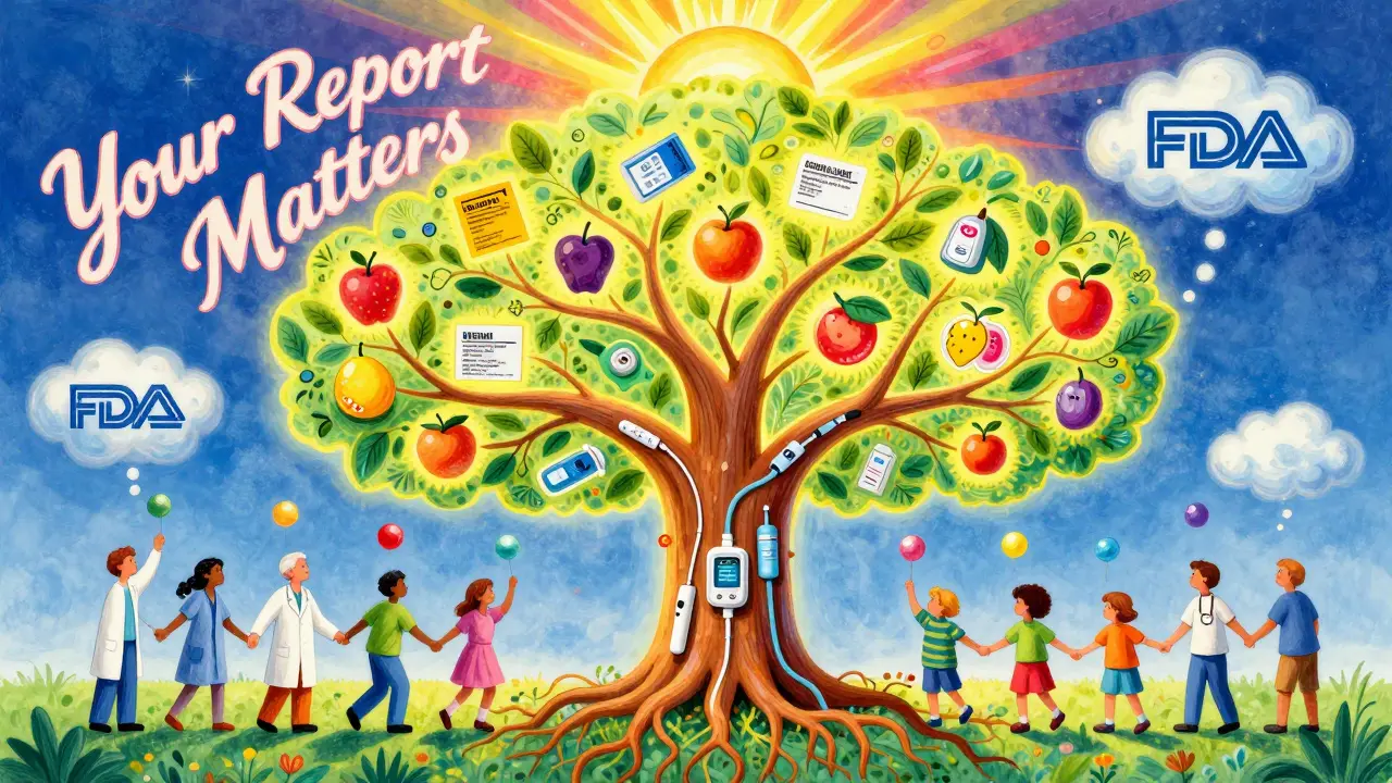 A glowing tree with medical devices as roots and safety alerts as fruit, with people holding hands beneath it.