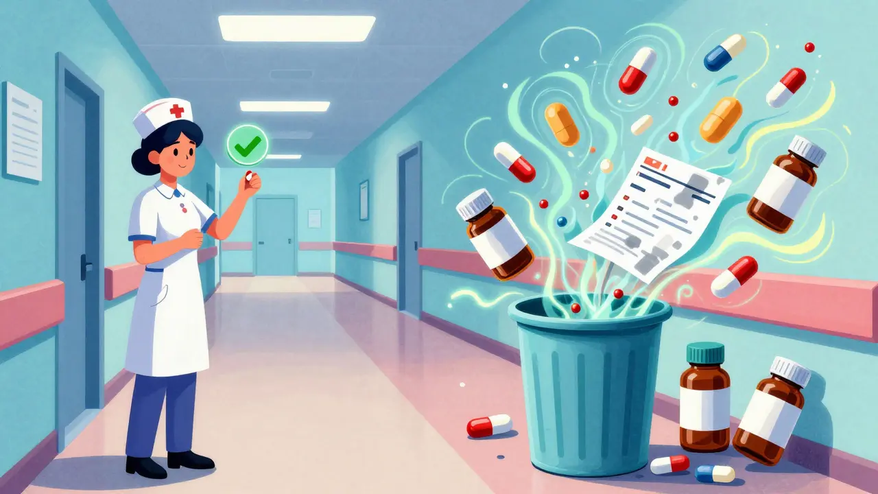 A nurse administers medication correctly on one side, while chaos with mislabeled pills occurs on the other.