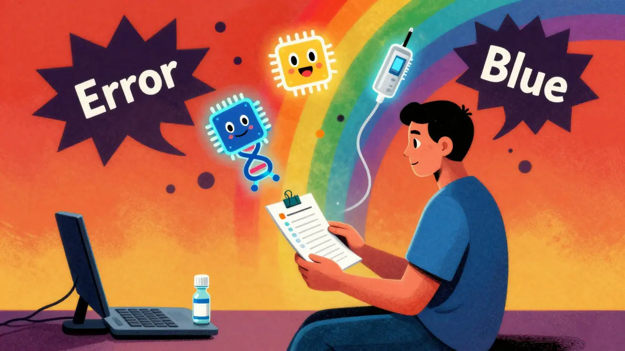 A patient is protected by glowing medical technology as harmful shadows fade into rainbow mist.