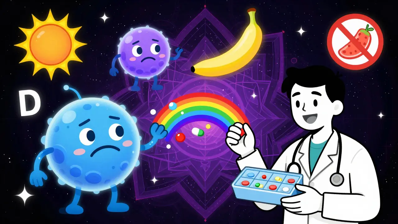 A patient with a pill organizer surrounded by friendly drug particles repelling frowny immune cells in a vibrant cosmic scene.