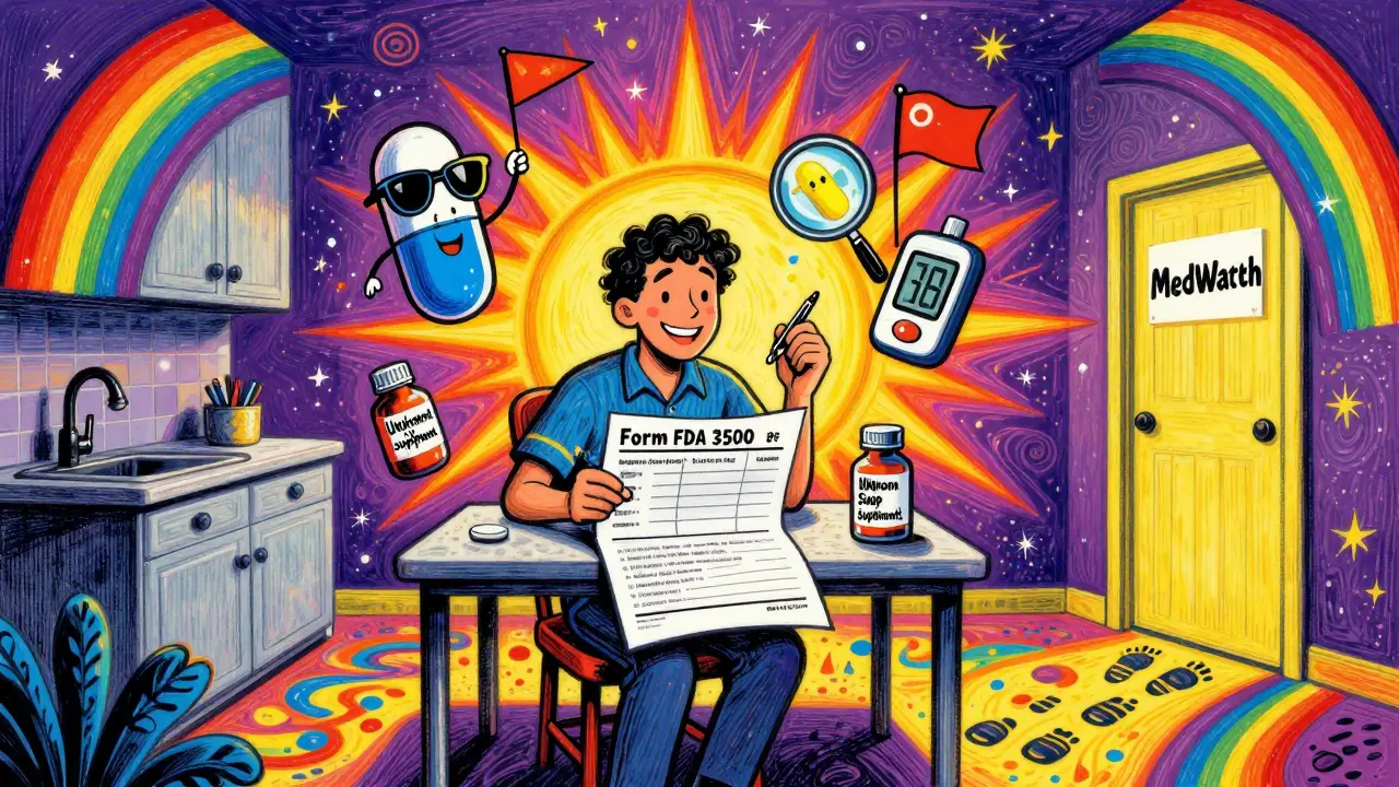 A person filling out a MedWatch form surrounded by friendly animated medical items and rainbow patterns.