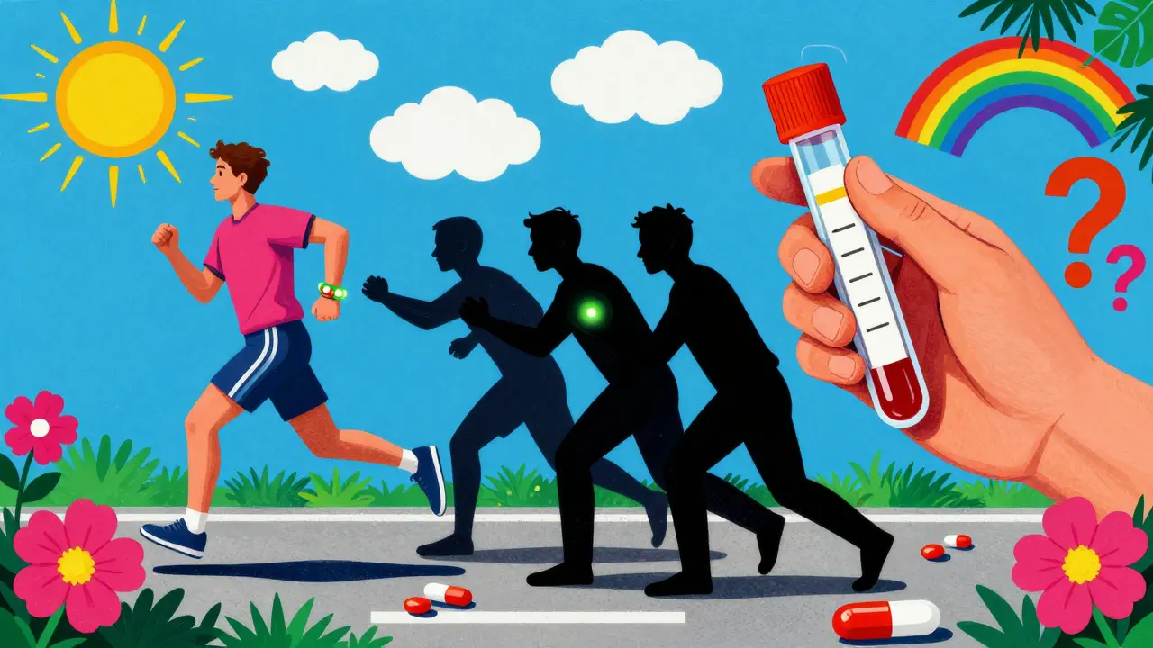 A person jogging with a medical bracelet, while glowing pills and a blood test push back shadowy threats in psychedelic style.