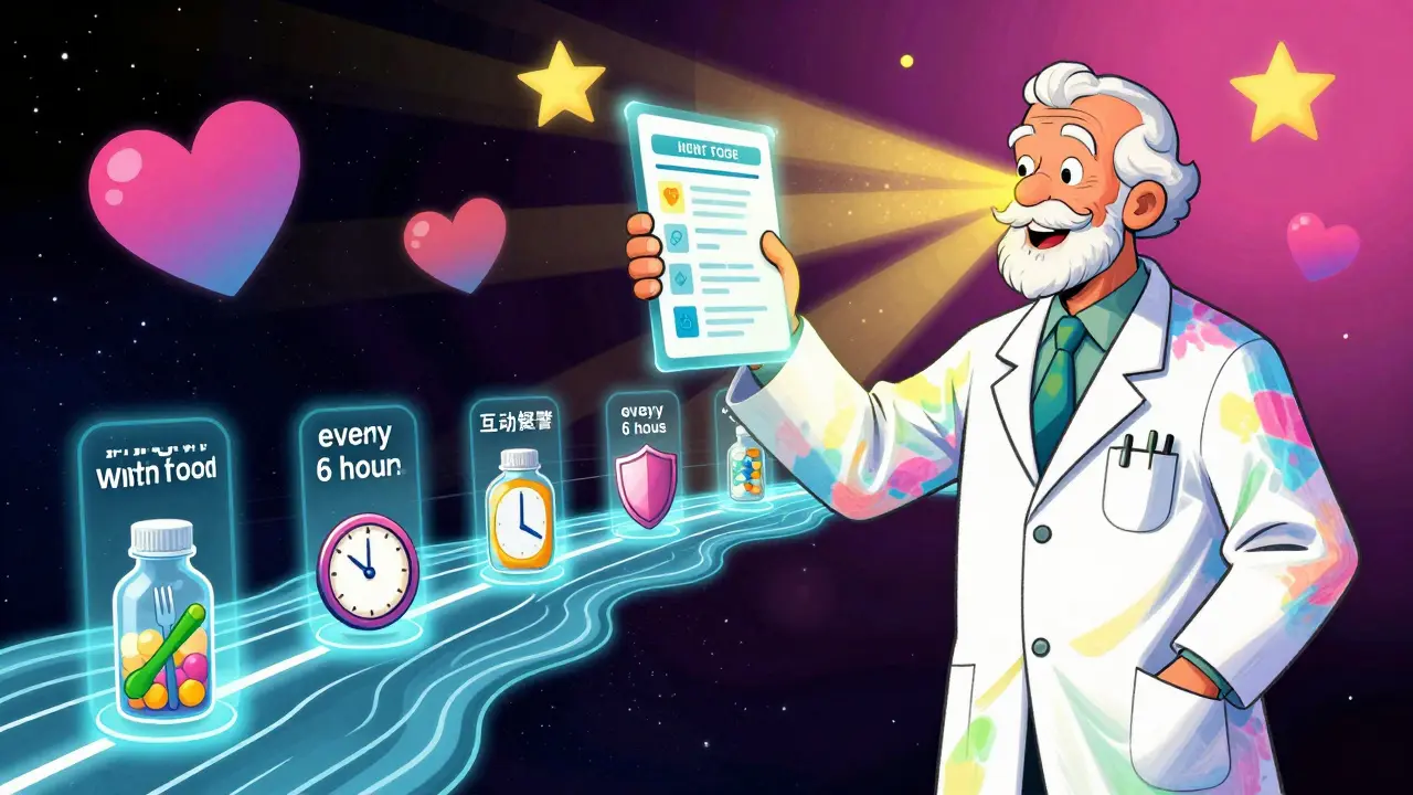 A pharmacist reviews a holographic medication timeline with food, time, and safety icons floating in a cosmic, psychedelic scene.