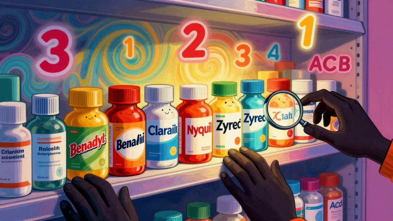 A pharmacy shelf with glowing medicine bottles, where dangerous anticholinergics are highlighted by dark shadows and safe ones glow softly.