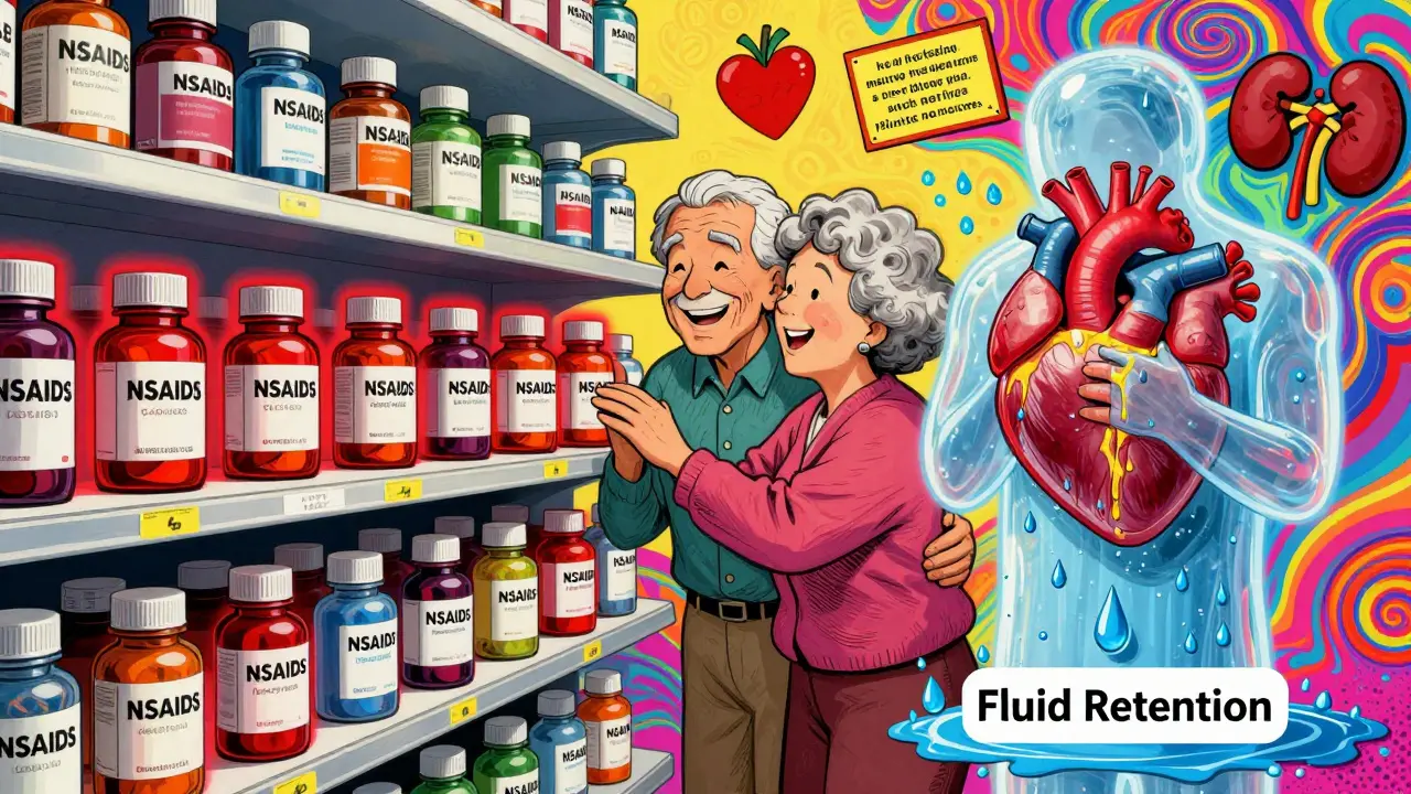A pharmacy shelf with glowing NSAID bottles crushing a heart, while a couple reaches for them unaware.
