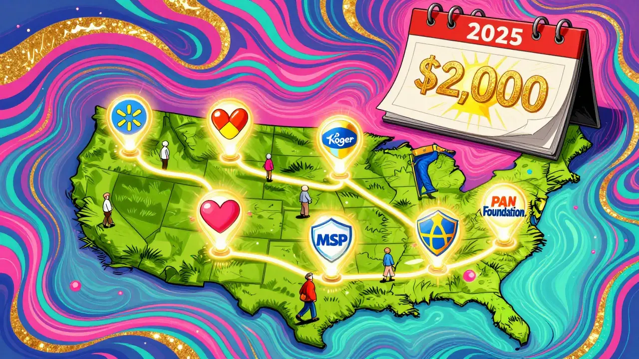 A psychedelic U.S. map with glowing paths leading to five drug assistance programs under a ,000 cap sun.