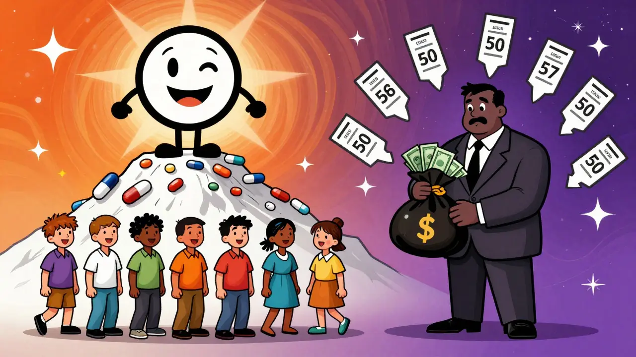 A smiling FDA figure stands on a mountain of cheap pills while a shadowy middleman hoards cash.