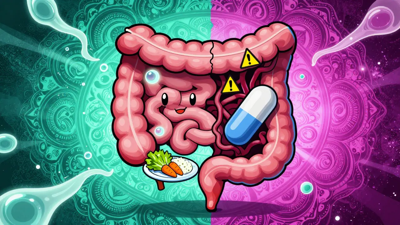 A split gut showing healthy and inflamed states with cosmic symbols and warning signs.