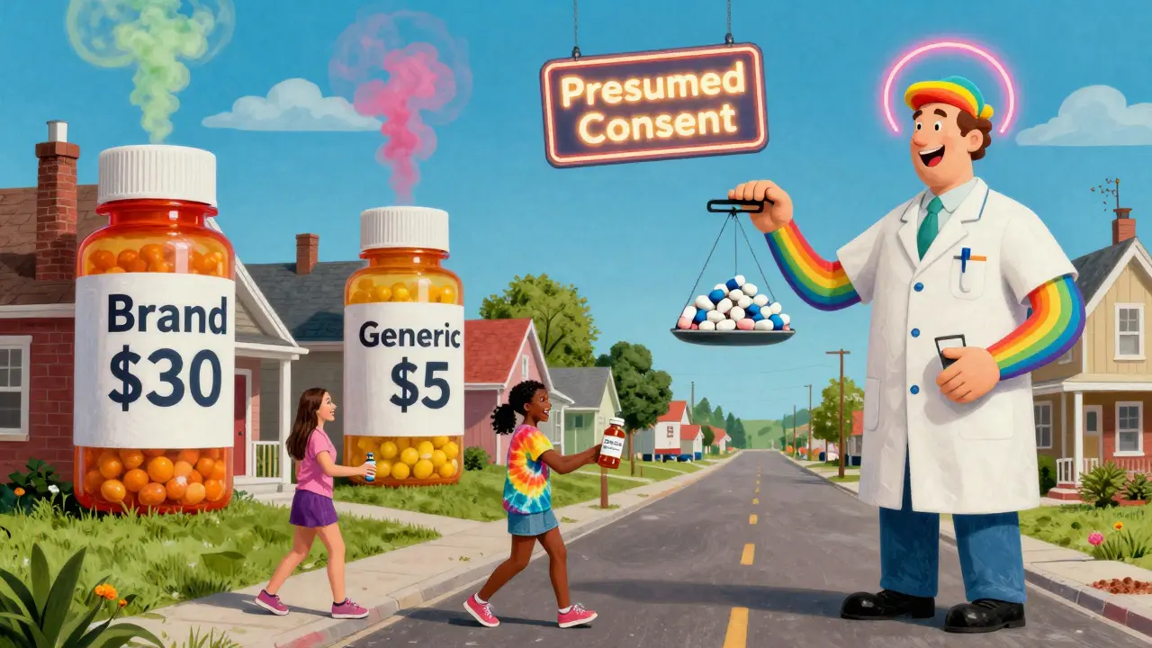 A surreal street where patients trade expensive brand-name pills for cheap generics, with giant pill bottles as houses and a rainbow pharmacist balancing costs.