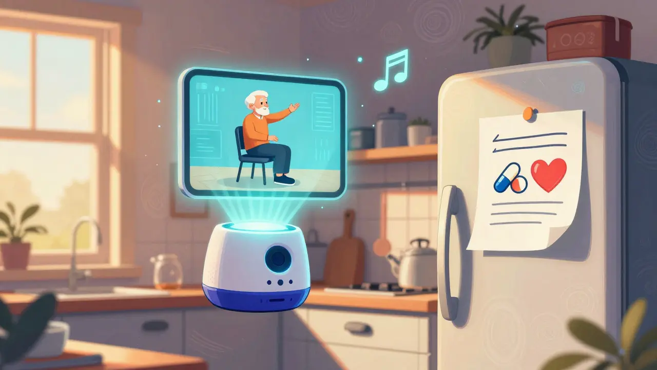 A voice-activated AI project shows an exercise video above a fridge with a paper guide, all in bright psychedelic style.