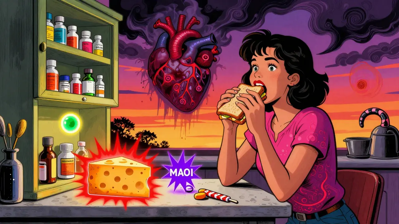 A woman eating cheese with glowing meds and a heart-shaped storm cloud in a colorful kitchen.