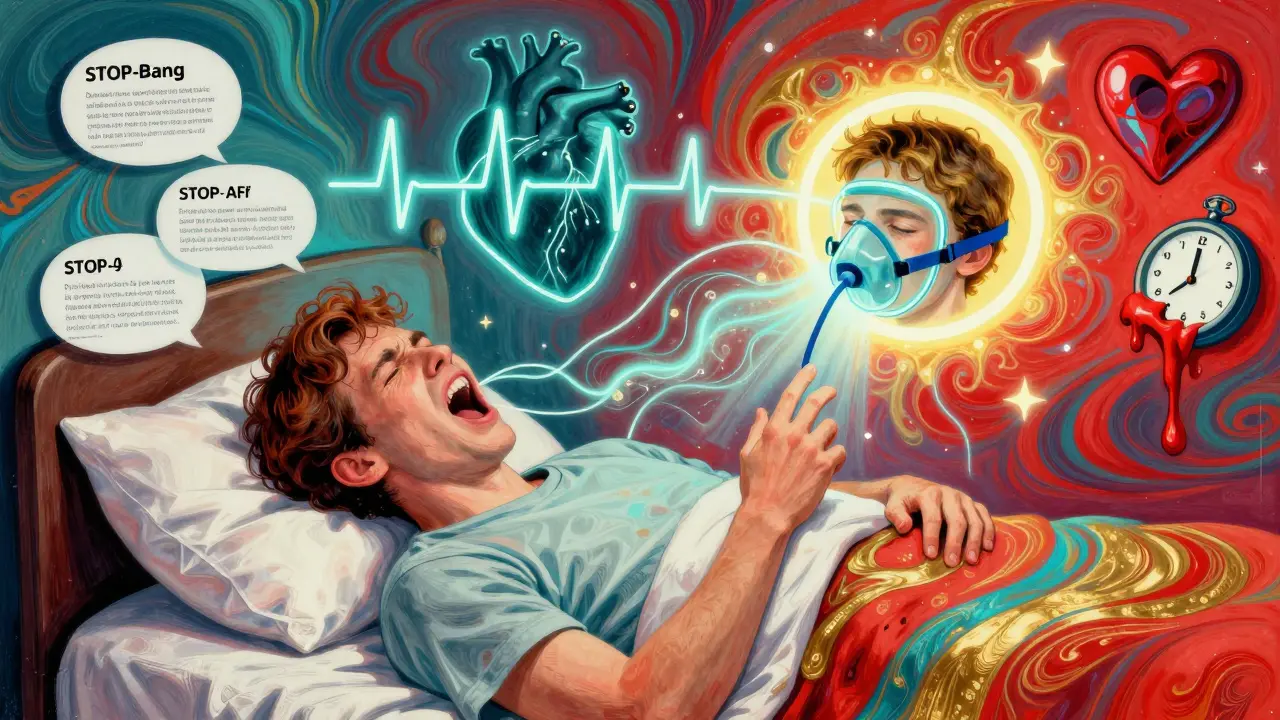 A young sleeper with ghostly heart attack and stroke shadows above, connected to a glowing CPAP mask in psychedelic swirls.