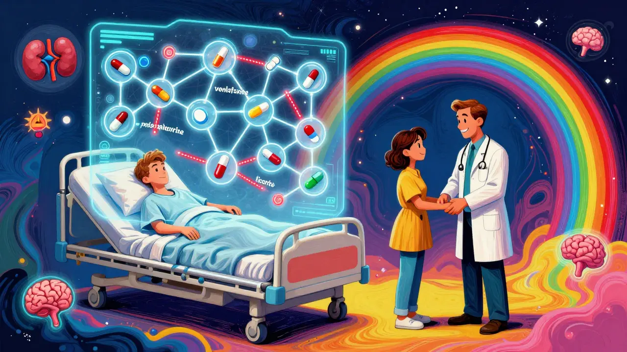 An AI system showing dangerous drug connections with glowing organs and a rainbow above a hospital bed.