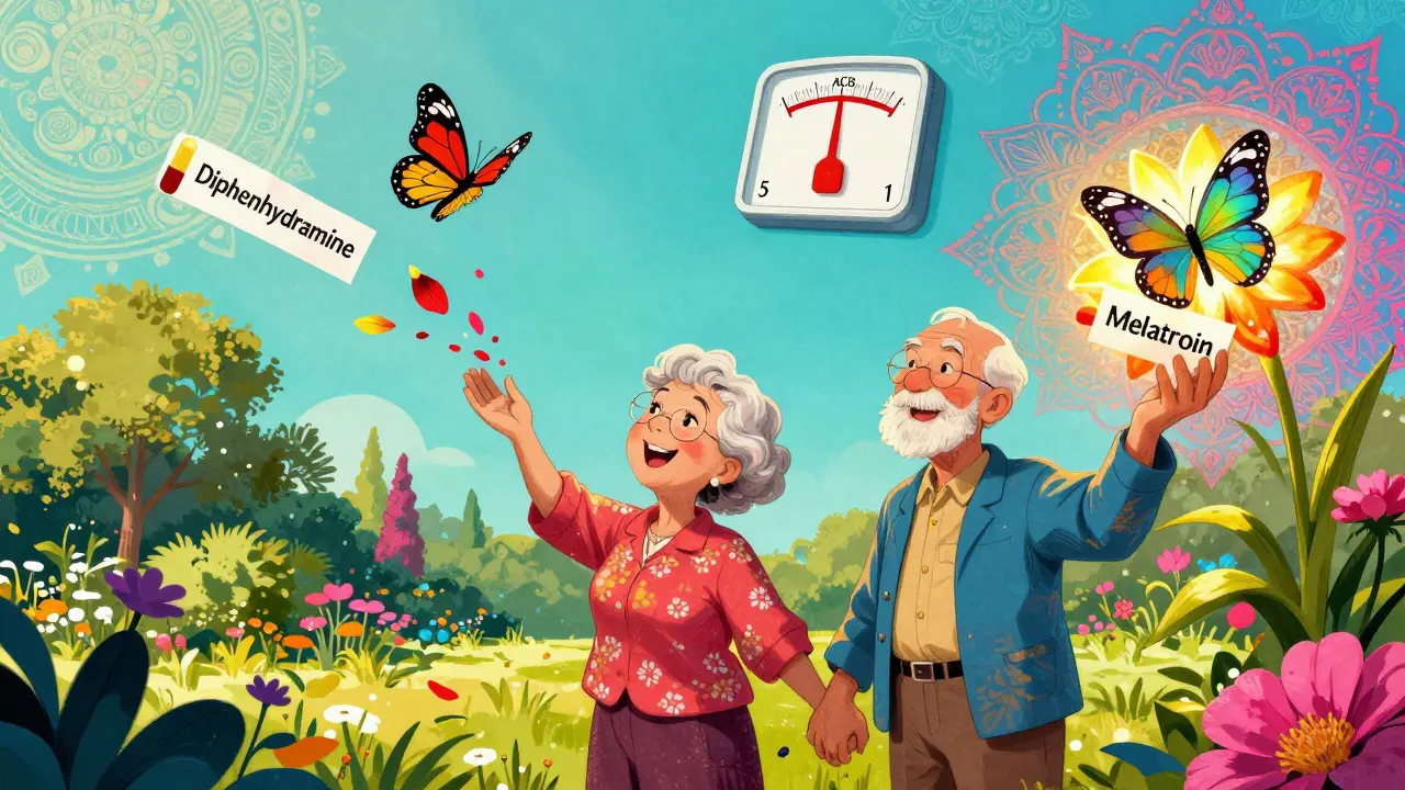 An elderly couple in a garden as prescription butterflies dissolve and bloom into flowers, with an ACB scale dropping from 5 to 1.