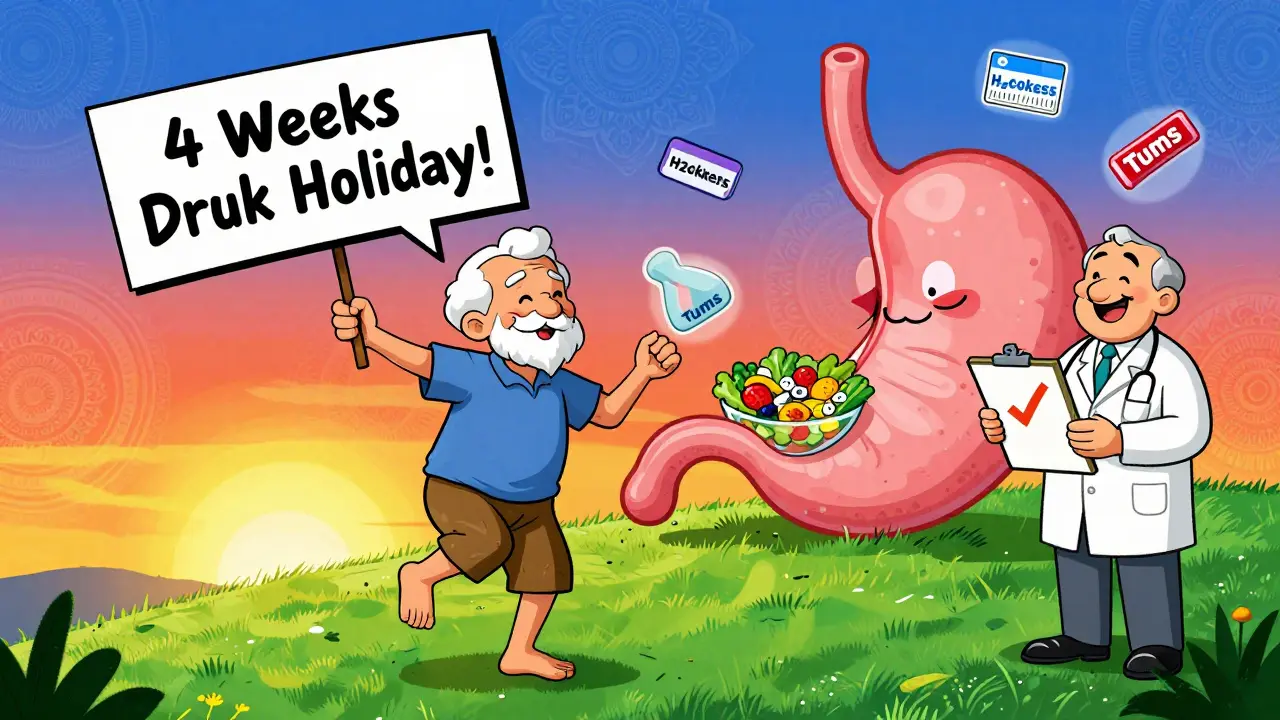 An elderly person dancing joyfully free of pills, with a peaceful stomach digesting salad and floating health icons under a colorful sunset.