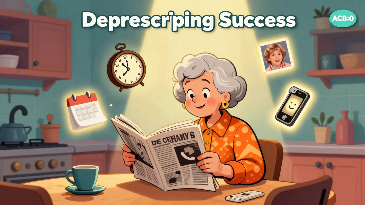 An elderly woman reading peacefully, surrounded by symbols of restored memory and clarity after stopping risky meds.