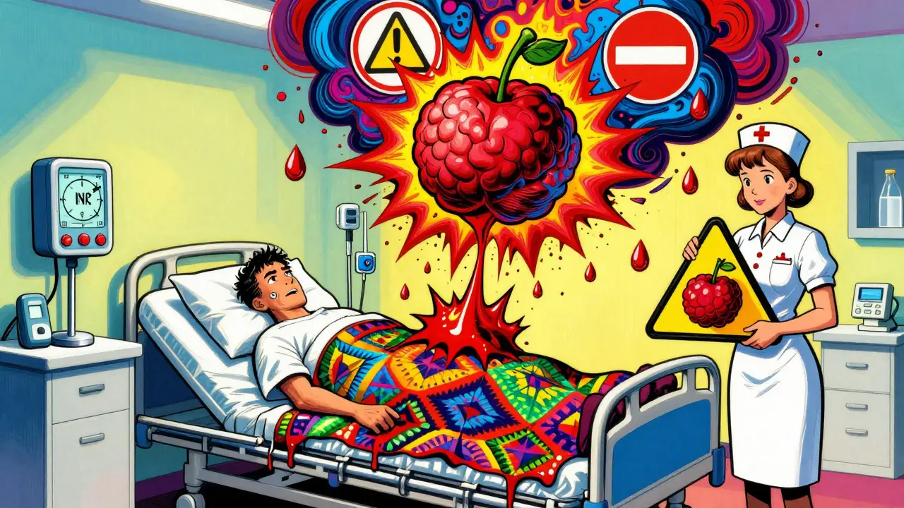 An ER scene with a patient bleeding, an exploding cranberry, and medical warning icons in vibrant psychedelic style.