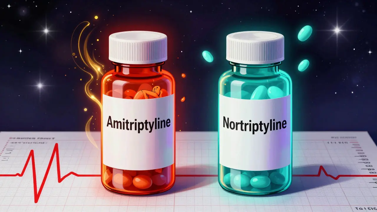 Contrasting amitriptyline and nortriptyline pills with side effects in vibrant cartoon style