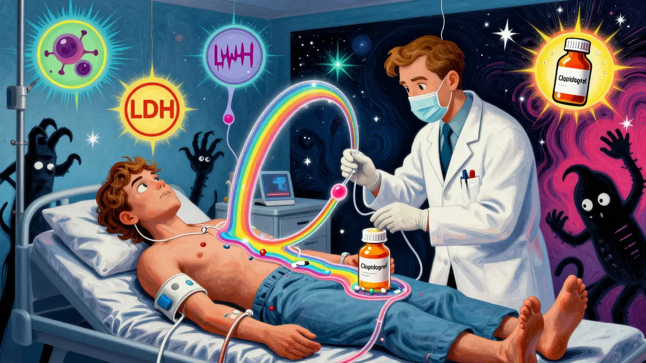 Doctor performing plasma exchange with rainbow fluids, shadowy antibodies attacking a clopidogrel pill, cosmic diagnostic icons floating in the air.