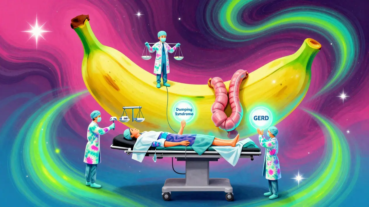 Floating surgical anatomy of stomach procedures amid swirling colors and symbolic health icons.