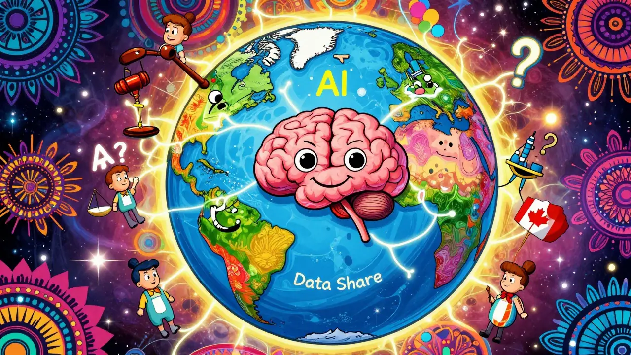 Globe with brain core divided into four regions, each with regulatory tools and neural threads labeled 'AI' and 'Data Share'.