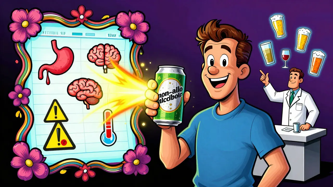 Man holding non-alcoholic beer as hidden alcohol particles trigger medical warning symbols in vibrant psychedelic art.