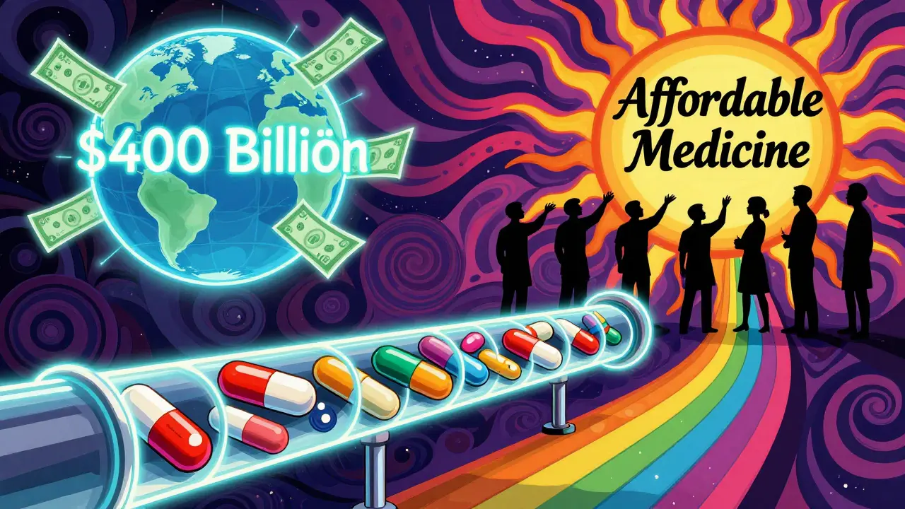 Neon drug pipeline transforms brand pills into generics as 0 billion glows above a hopeful globe.