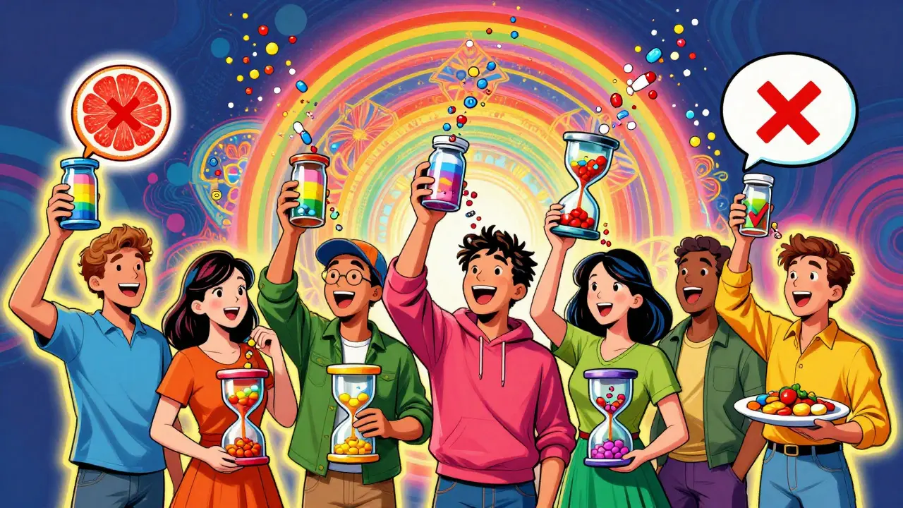 People hold pill bottles turning into hourglasses, pouring pills with warning symbols and food icons in swirling rainbow patterns.