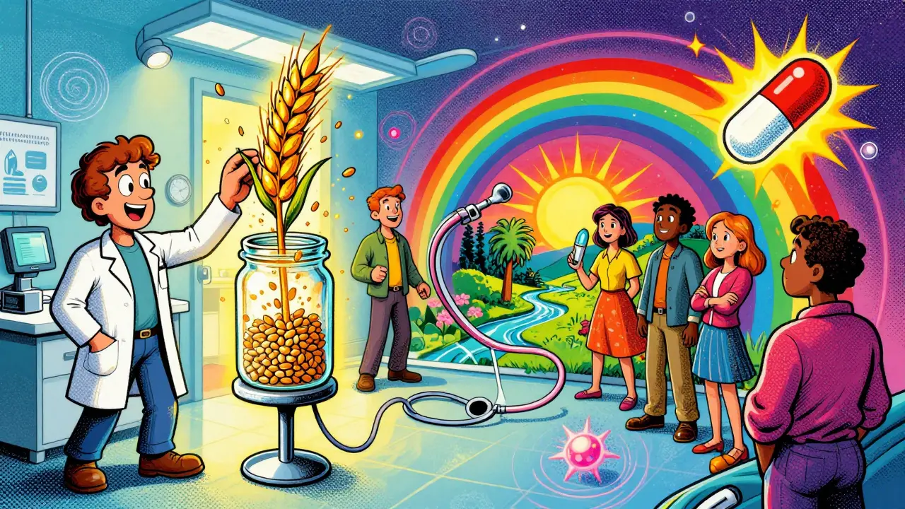 People in a medical office with transforming stool sample and rainbow colonoscope under a cautionary pill.