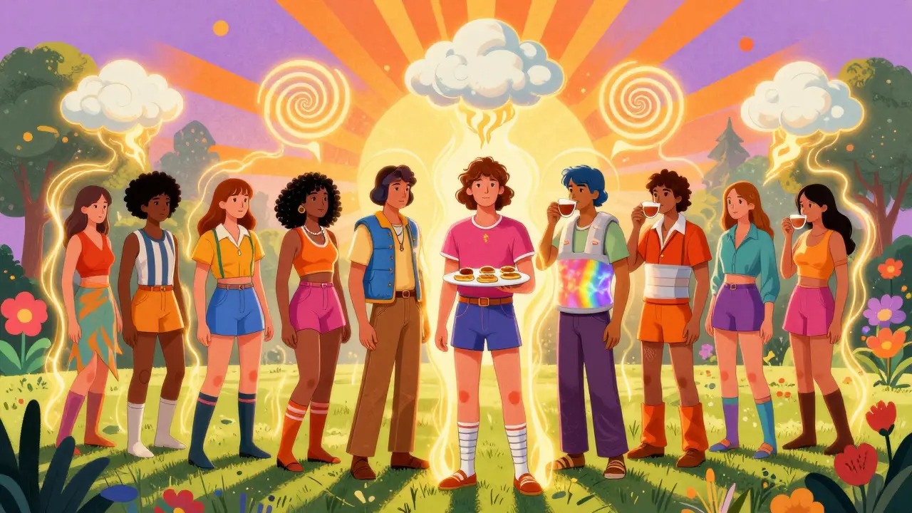 People wearing compression gear in a sunny park, calm and protected by glowing energy, symbolizing symptom management.