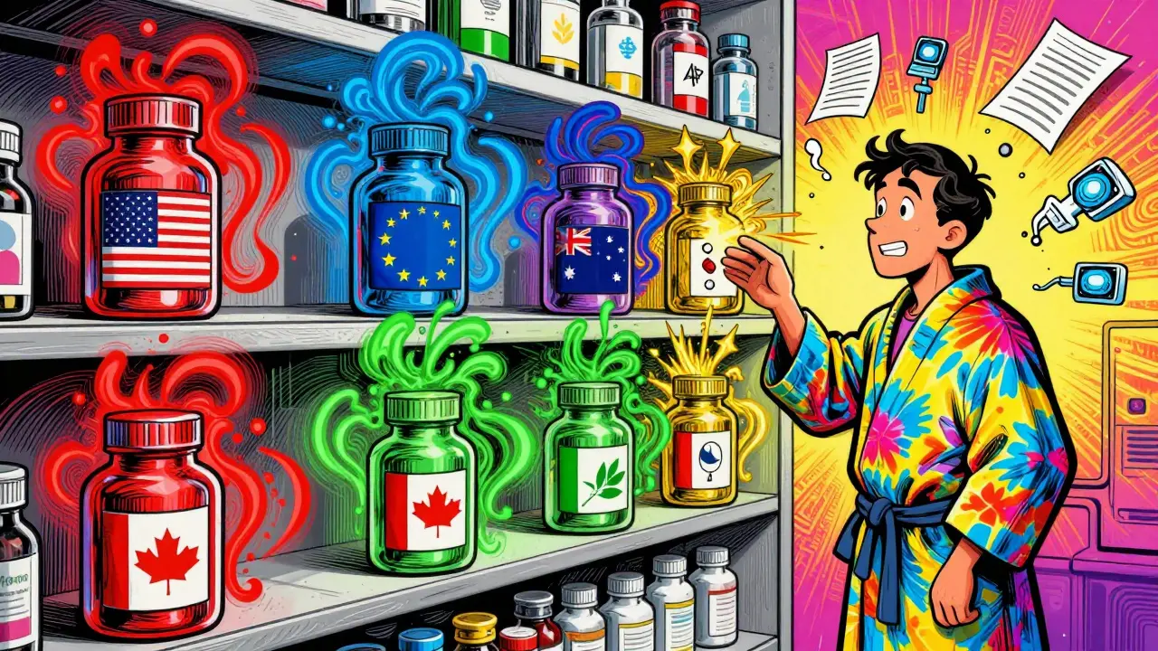 Pharmacy shelf with color-coded warning waves from four countries, a confused patient reaching for a pill.