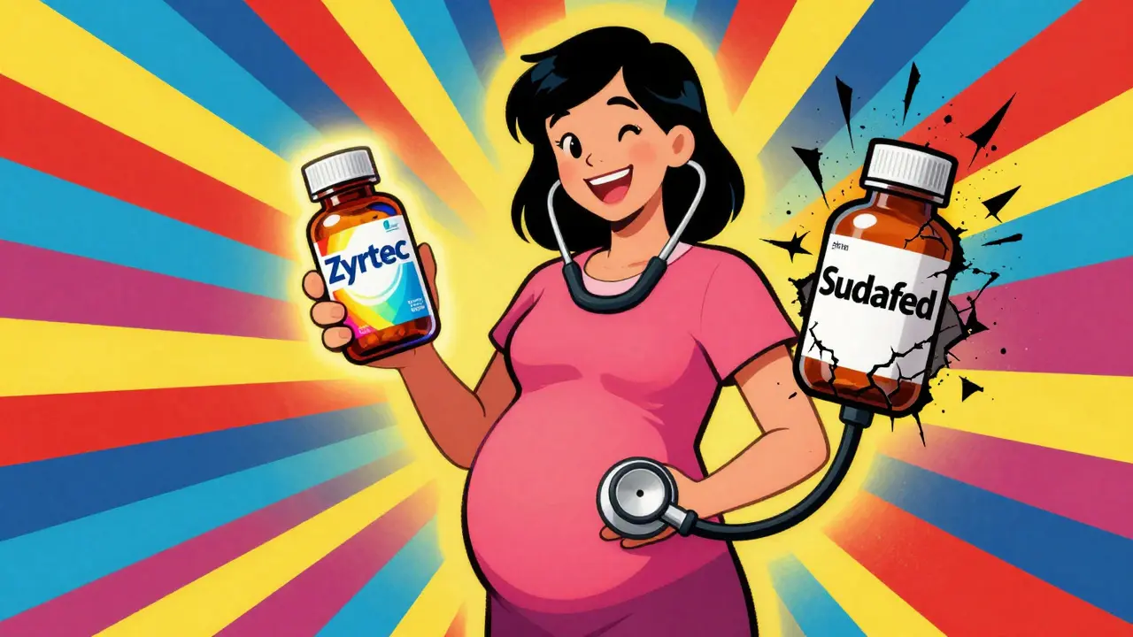 Pregnant woman holding safe Zyrtec bottle next to dangerous Sudafed with glowing warning sparks.
