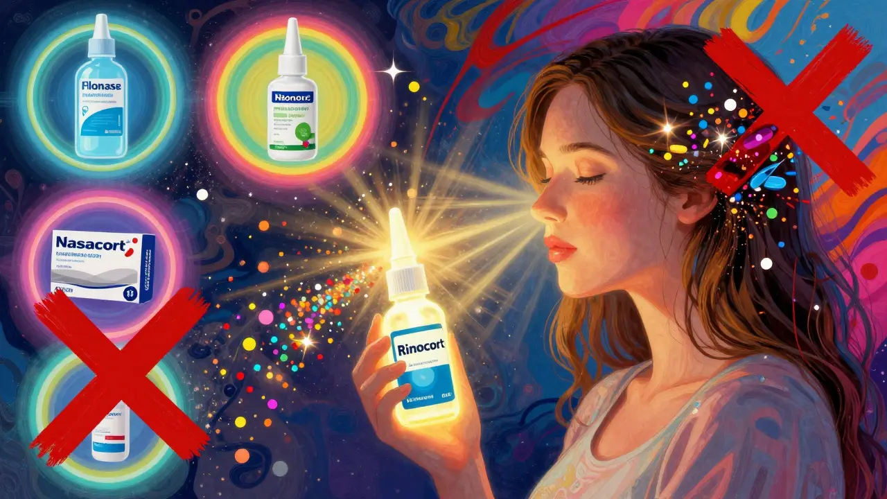 Rhinocort nasal spray emitting golden light as pollen dissolves, with safe options glowing and Nasacort crossed out.