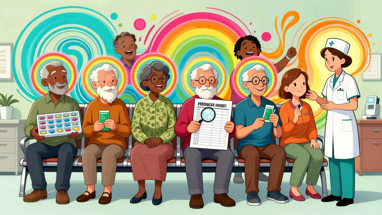 Seniors in a clinic hold easy-to-read health materials surrounded by vibrant psychedelic light patterns.