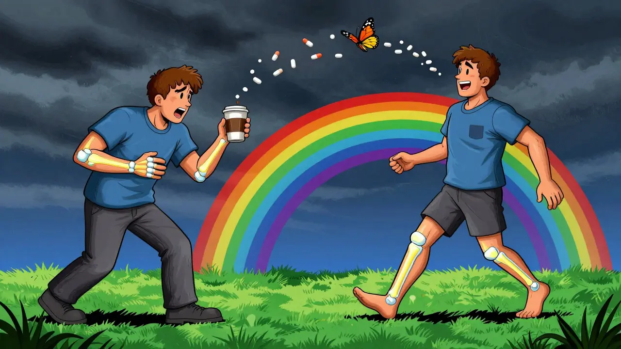 Split scene: one side shows joint pain with stormy sky, the other shows healing and joy with butterflies replacing pills.