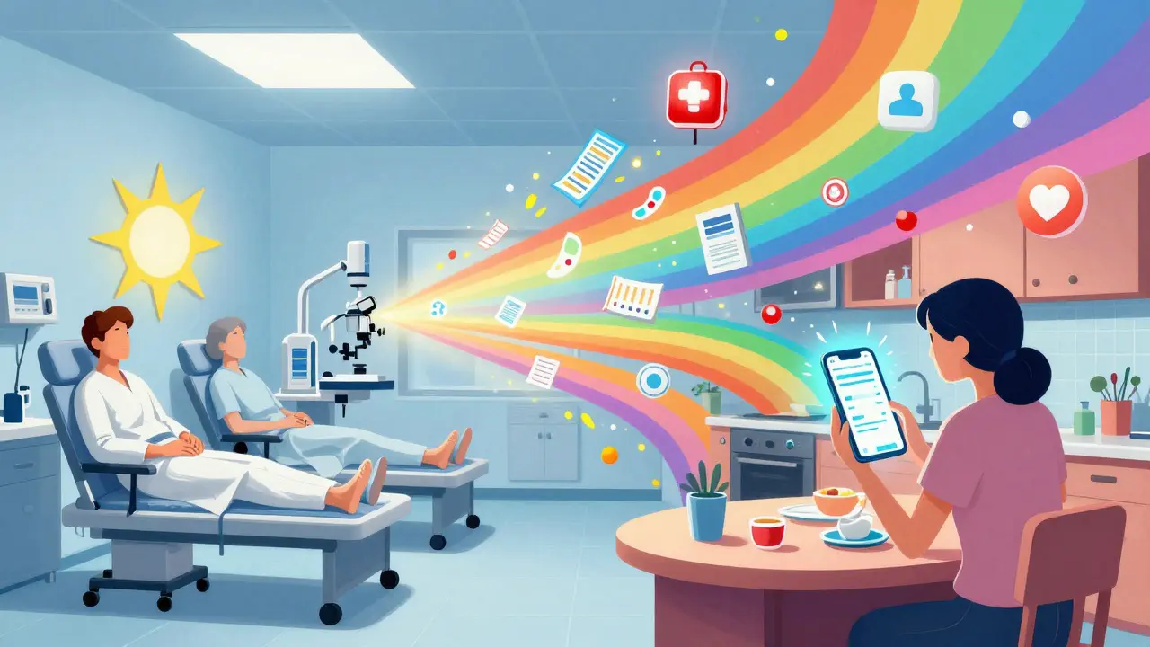 Split scene showing sterile clinical trial vs. chaotic real-life patient data streams in colorful Peter Max style.