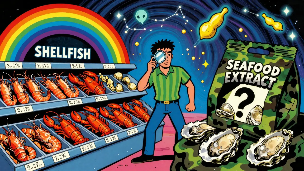 Split seafood aisle: crustaceans labeled 'shellfish' vs hidden mollusks, person calling company with glowing allergens around.