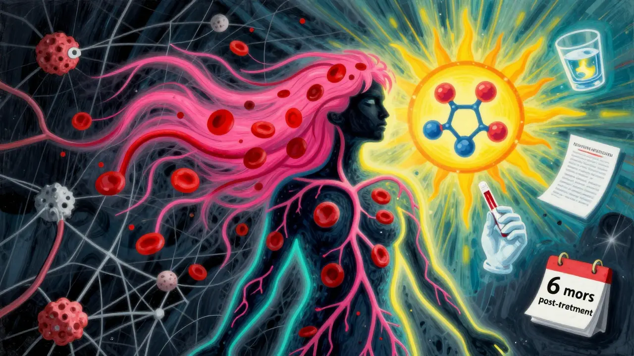 Survivor emerging from medical storm, one side dark with clots, other side glowing with healing light and prevention symbols like stopped tonic water and blood test.